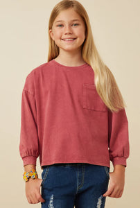 Magenta Drop Shoulder Washed Long Sleeve Knit T Shirt