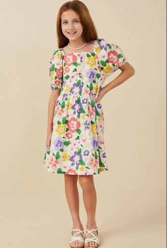 Girls Floral Print Buttoned Square Neck Dress