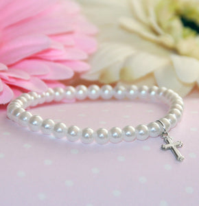 Stretchy 5" Top Selling Glass Pearl Bracelet with Rhodium Cross