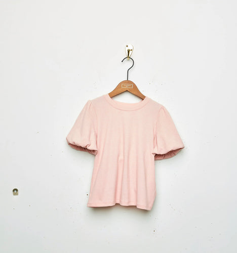 Girls Pink Ribbed Knit Puff Sleeve T Shirt