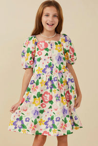 Girls Floral Print Buttoned Square Neck Dress