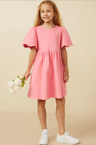 Pink Girls Scallop Sleeve Scuba A-Line Dress