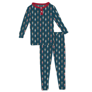 Long Sleeve Henley Pajama Set Peacock Nutcrackers