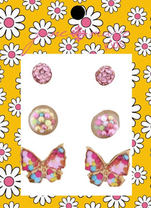 Kids Pink Glitter Ball, Beads in Globe, Butterfly Earring