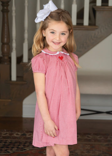 Sage Smocked Dress Red Gingham, Heart