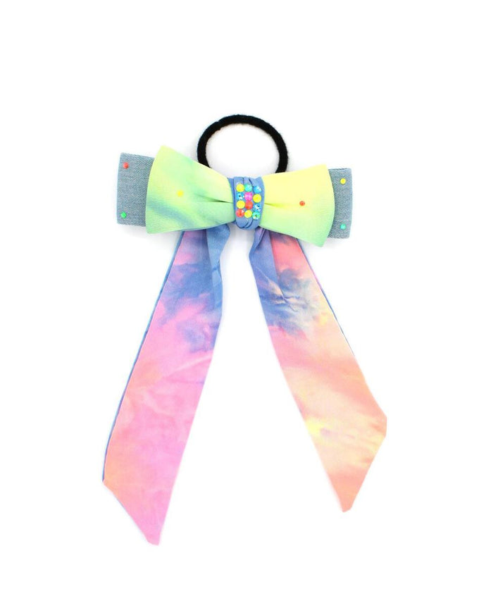 crystallized denim tye dye tail bow scrunchie