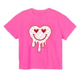 Glitter Drip Heart Smiley Hot Pink Boxy Tee