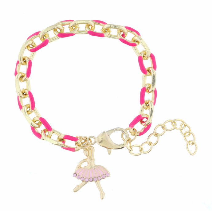 KIDS HOT PINK ENAMEL CHAIN AND GOLD BALLERINA WITH PINK ENAMEL AND PINK CRYSTAL TUTU BRACELET