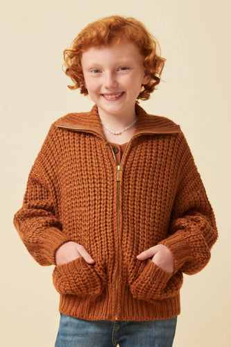 Brown Zip Up Collared Puff Sleeve Knit Jacket