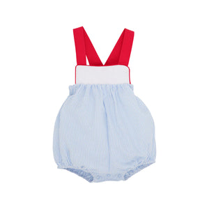 Samprey Sunsuit,
Breakers Blue Seersucker With Worth Avenue White And Richmond Red
