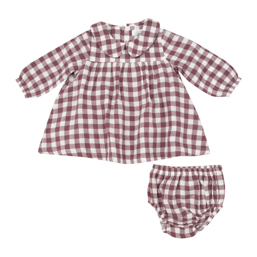 Gingham Plum - Peter Pan Collar Dress And Rib Legging