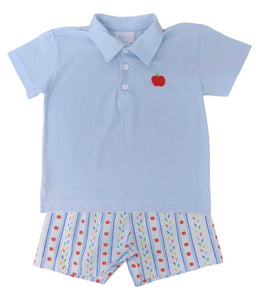 Blue Polo with Apple & Conrad Shorts Back to School Print