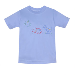 Dinosaur Embroidery on Blue Shirt