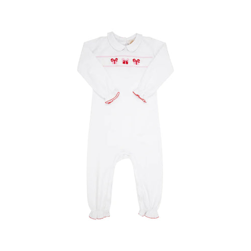 Rigsby Romper Worth Avenue White With Present Smocking & Richmond Red Picot