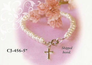 5” Baby Freshwater Pearl Bracelet with Rhodium Cross