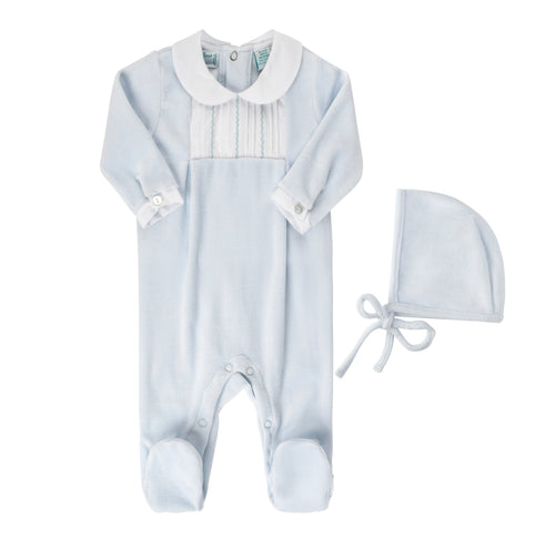 Feather Stitched Velour Romper W/ Hat, Blue