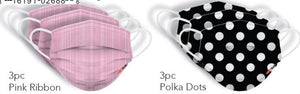 Adult 6pk disposable Mask pink Ribbon/polka dots