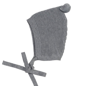 Grey Rib Knit Bonnet w/ Pompom