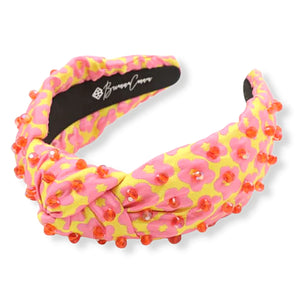 PINK AND YELLOW FLOWER POWER HEADBAND WITH IRIDESCENT BEADS