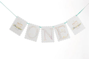 Blue "ONE" Highchair Banner with Cake End Pieces