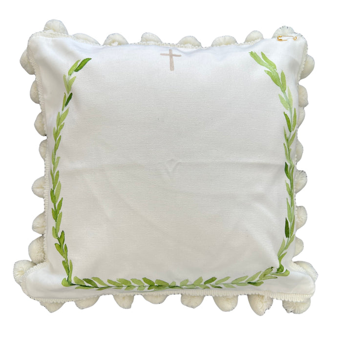 Laurel Wreath Cross Pillow w/ cream Pompom Trim