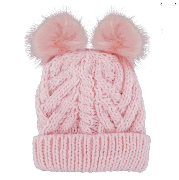 Fluffer Blush Pink Cable Hat with Poms