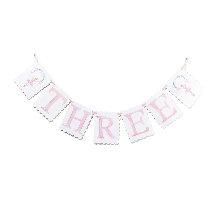 “THREE” Birthday Banner ,Pink
